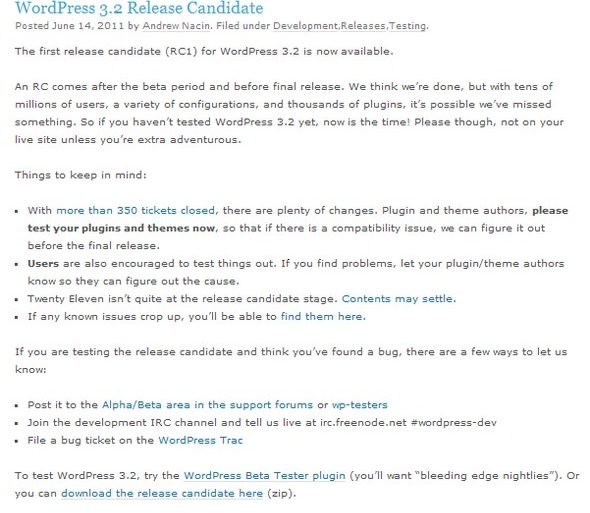 WordPress 3.2 RC1 - Wordpress 3.2 en approche...