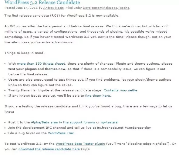 WordPress 3.2 RC1 - Wordpress 3.2 en approche...